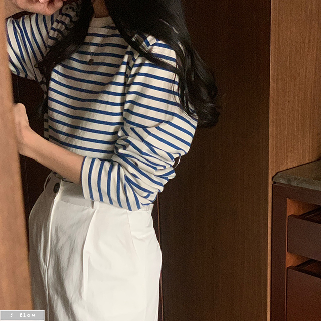 류이 라운드 단가라 긴팔 코튼 티셔츠 3col 봄 가을 스트라이프 슬리브 하프 제이플로우 이미지 6