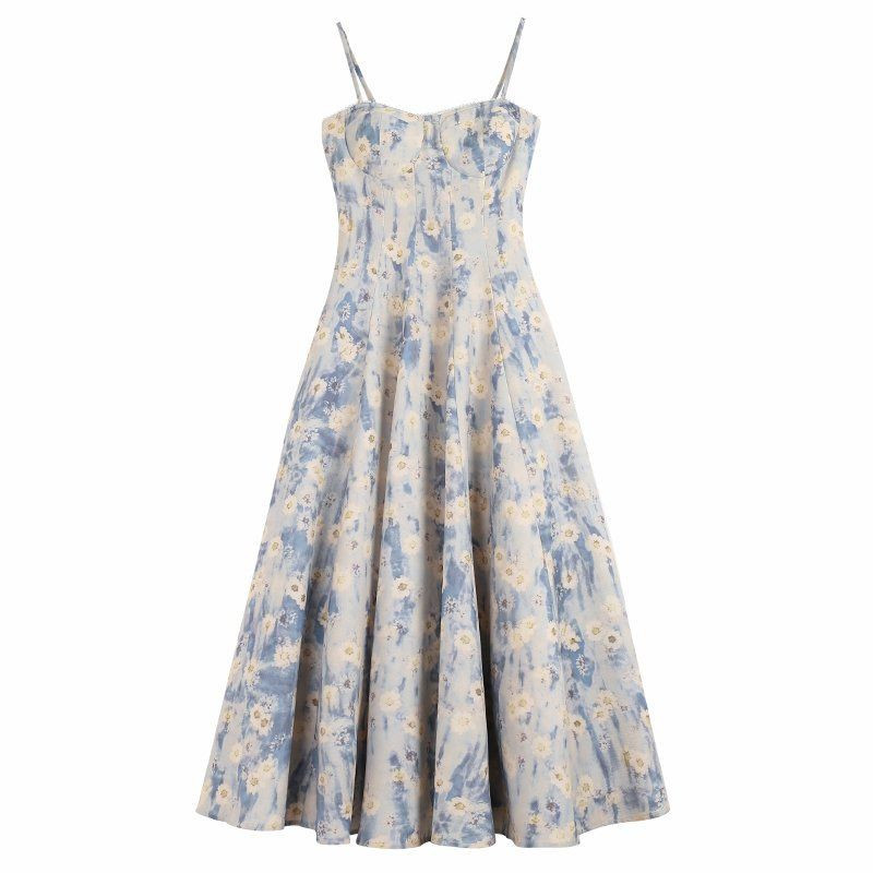 봄 여름 플라워 뷔스티에 롱 원피스 진주 스트랩 스퀘어넥 A라인 연한 파란색 이미지 6