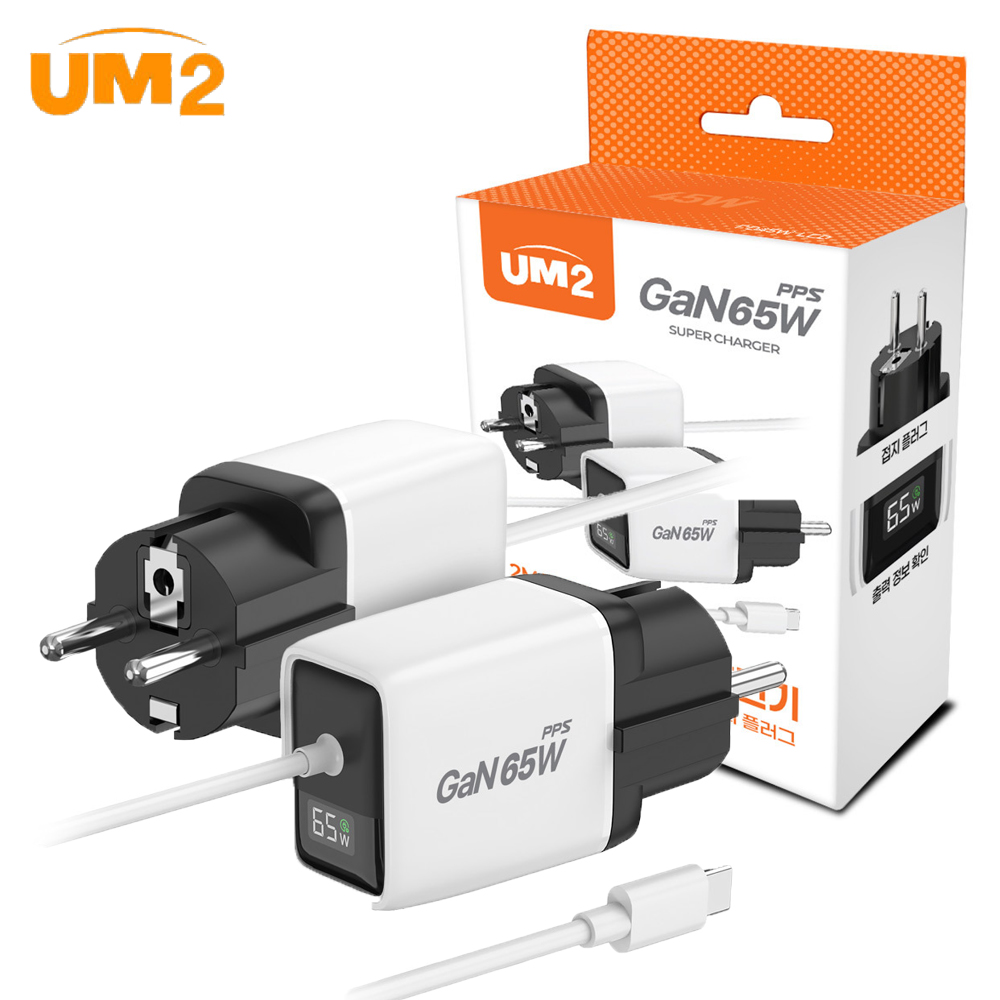 UM2 접지 릴타입 C타입 릴케이블 2포트 PD 멀티 고속충전기 CABLE-PD65W-LED, 화이트 - 상품 이미지