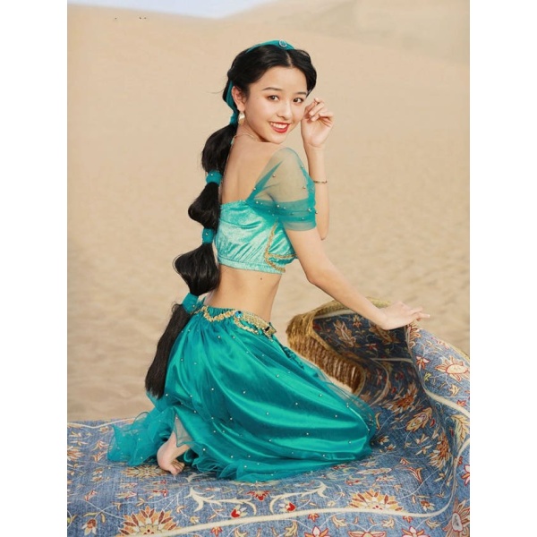 화려한 자스민 공주 할로윈의상 무대 밸리댄스 피콕블루 베일+목걸이포함 S - 상품 이미지