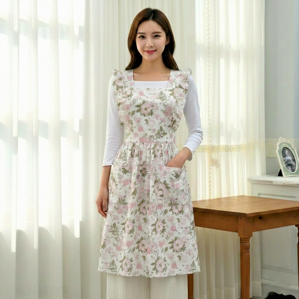 자스민 플라워 방수앞치마 여성 원피스 주방 프릴 신혼 집들이 선물