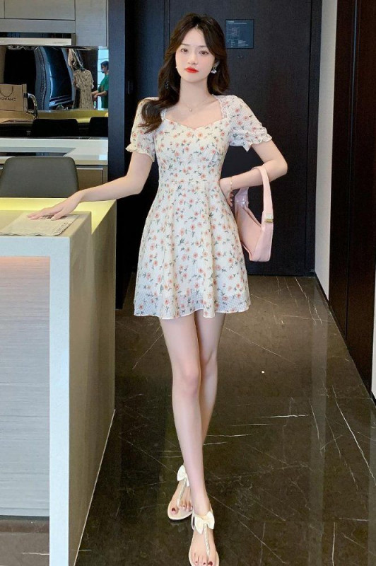 여성 플라워 미니원피스 스퀘어넥 퍼프소매 레이스 백리본 여름 봄 여름 크림 아이보리 - 상세 이미지 4