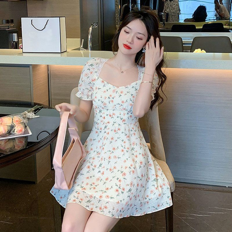 여성 플라워 미니원피스 스퀘어넥 퍼프소매 레이스 백리본 여름 봄 여름 크림 아이보리 - 상세 이미지 3