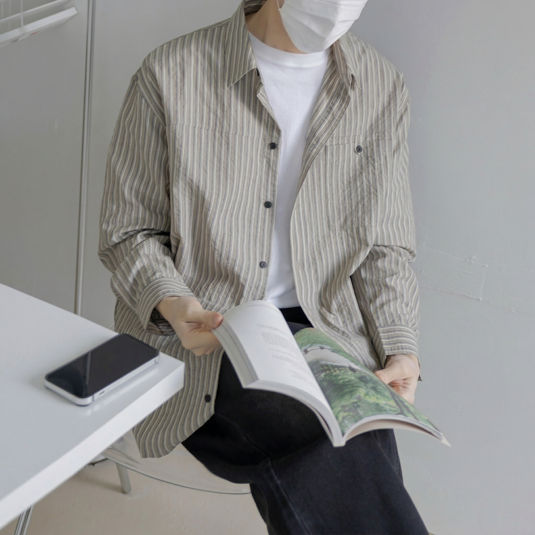 남자 스트라이프 셔츠 남성 오버핏 캐쥬얼 구김없는 셔츠 이미지 8