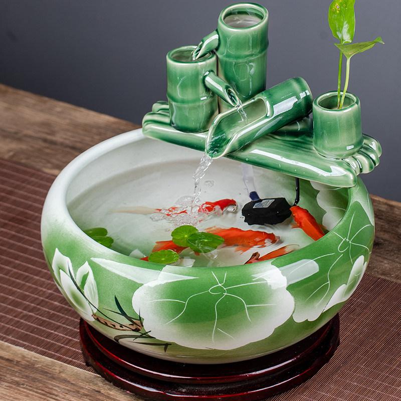 도자기 소형 거실 인테리어 실내 조경 원형 금붕어 수조 그린 리프 40x40x16cm 지름 40cm높이 16cm - 상품 이미지
