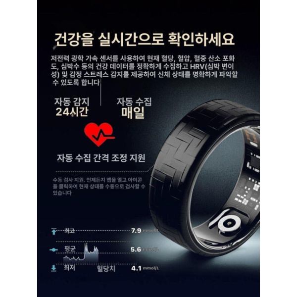 최첨단 스마트 혈당측정기 AI 반지 무채혈 연속 혈압 체중계 수면 운동 활동 모니터링 블루투스 9세대 13 지름22mm 둘레70mm A - 상세 이미지 4