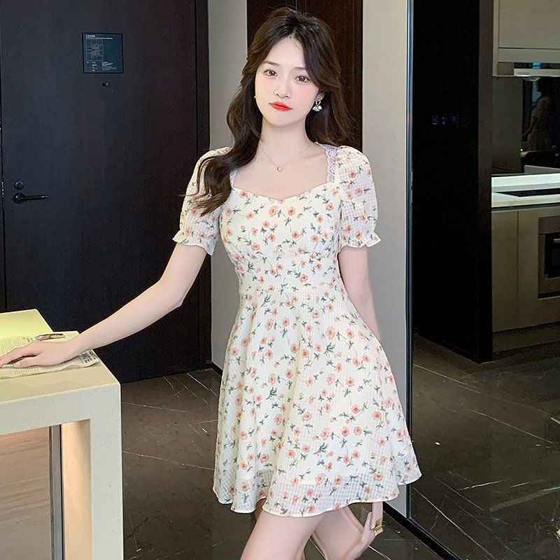 여성 플라워 미니원피스 스퀘어넥 퍼프소매 레이스 백리본 여름 봄 여름 크림 아이보리 이미지 6