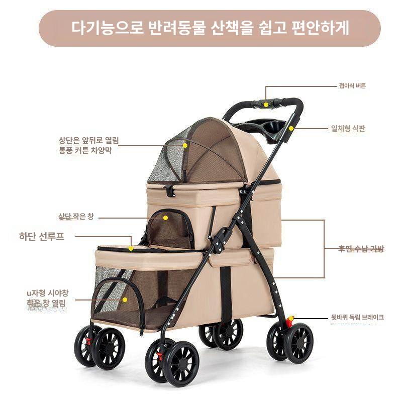 유모차 경량 애견유모차 이동용 사륜 버기형 펫모차 버기 DBL 701 카키 2단 - 상세 이미지 3