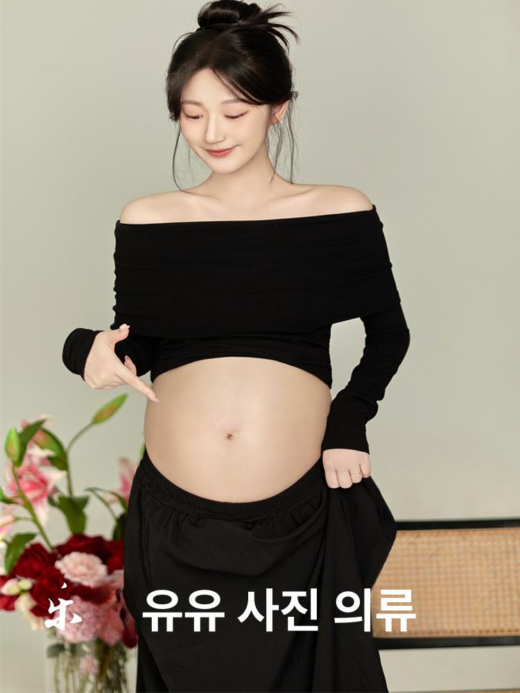 블랙 만삭 촬영 옷 주수 임산부 의상 사진 투피스 상의스커트 스튜디오 오프숄더 만삭사진옷 - 상세 이미지 3