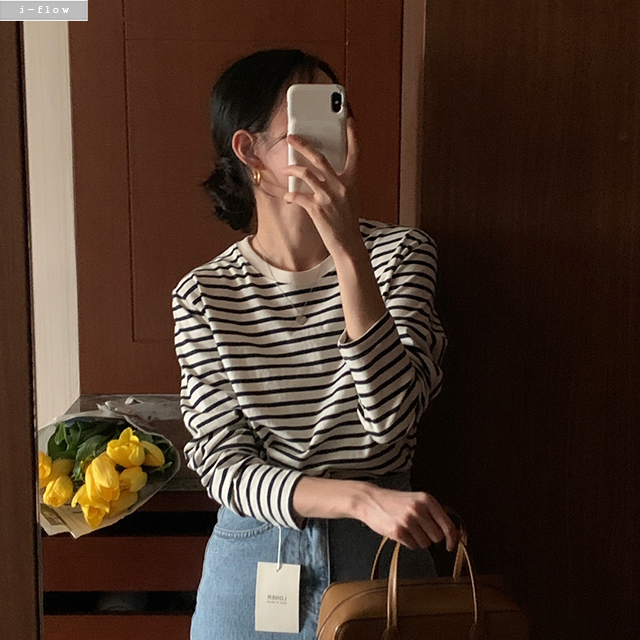 류이 라운드 단가라 긴팔 코튼 티셔츠 3col 봄 가을 스트라이프 슬리브 하프 제이플로우 이미지 7