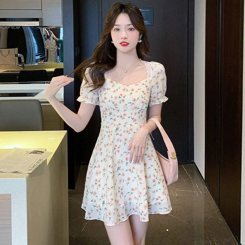 여성 플라워 미니원피스 스퀘어넥 퍼프소매 레이스 백리본 여름 봄 여름 크림 아이보리 - 상품 이미지