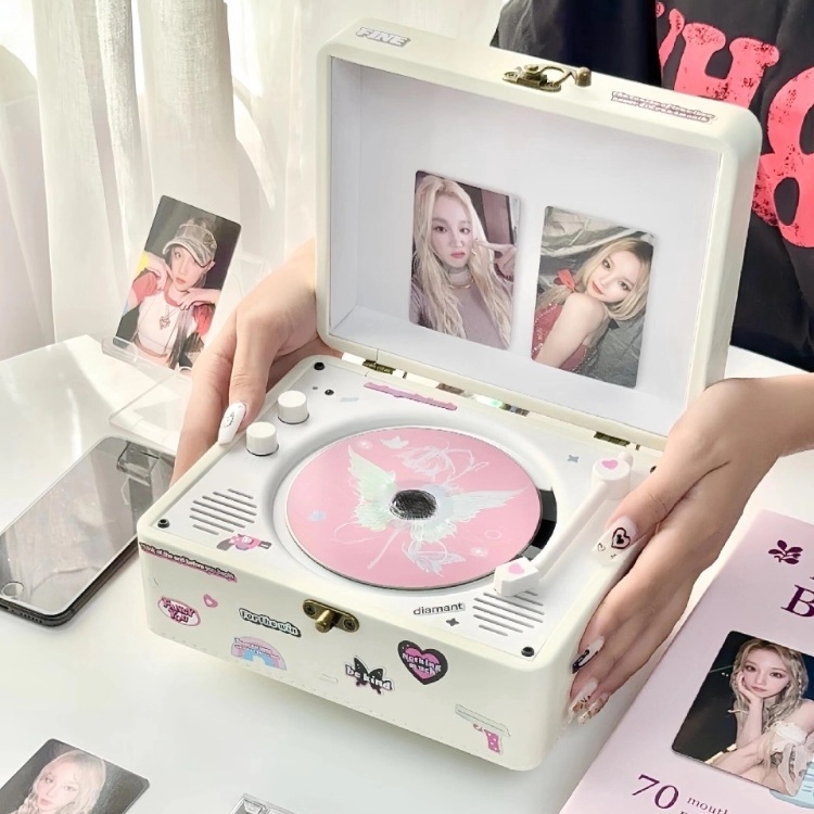 레트로씨디플레이어 CD 턴테이블 빈티지 블루투스 CDP 우드 원목 상판 마그네틱 문 화이트 - 상세 이미지 5