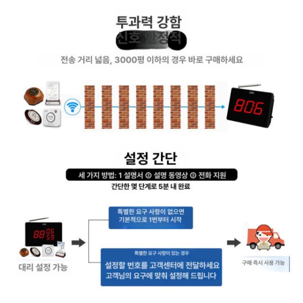 스마트 진동벨 무선 호출벨 식당 테이블 서비스벨 데스크탑 비상벨 무선호출벨 카페진동벨 식당호출벨 무선비상벨 본체 1개+호출기 5개 - 상세 이미지 3