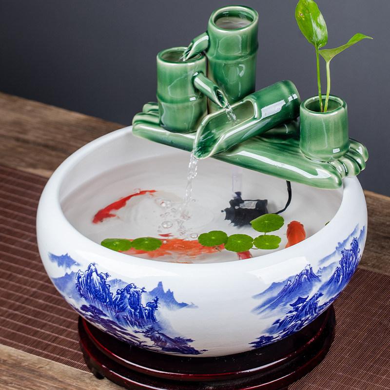 도자기 소형 거실 인테리어 실내 조경 원형 금붕어 수조 그린 리프 40x40x16cm 지름 40cm높이 16cm - 상세 이미지 4
