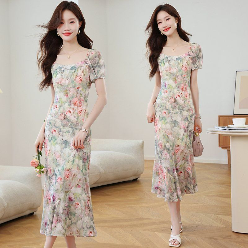 봄 여름 쉬폰 플라워 스퀘어넥 퍼프 반팔 머메이드 롱 원피스 하객룩 데이트룩 그린 - 상품 이미지