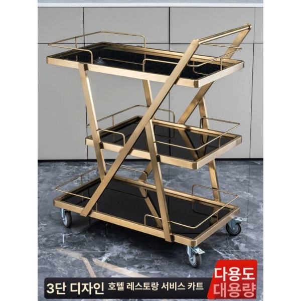 프리미엄 원목 트롤리 거실 레스토랑 식당 무빙 원형 월넛색 선반 스몰 스테인리스 내추럴 3단 그레인 - 상세 이미지 3