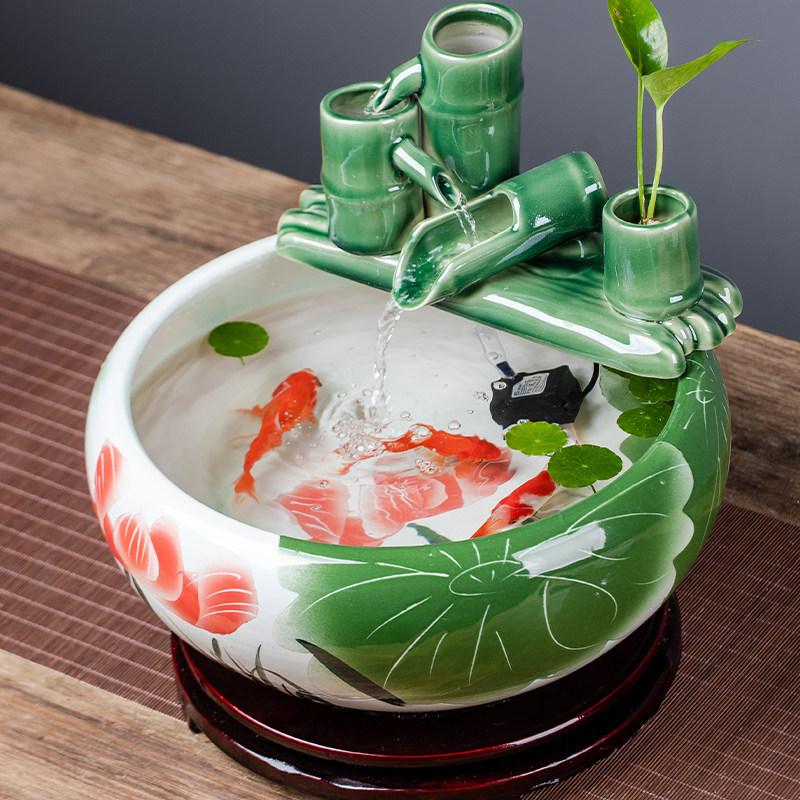 도자기 소형 거실 인테리어 실내 조경 원형 금붕어 수조 그린 리프 40x40x16cm 지름 40cm높이 16cm - 상세 이미지 3
