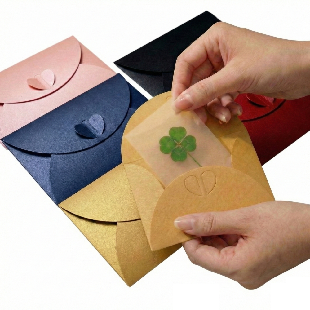 네잎클로버 코팅 카드 봉투 포함 10개 세트 투명 압화 생화 책갈피 행운 선물 위시클로바 제품 이미지