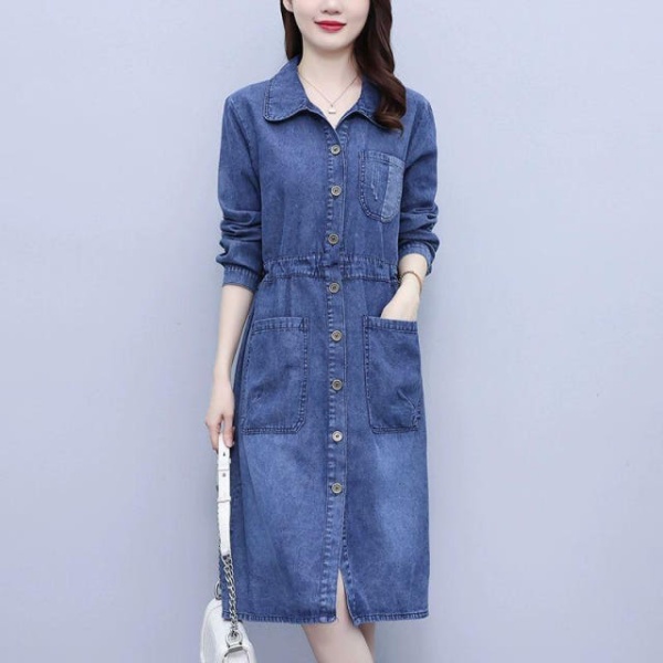 여름 데님 빅사이즈 청 원피스 멜빵치마 스티치 연청 블루 L 45.0-57.5kg - 상세 이미지 5