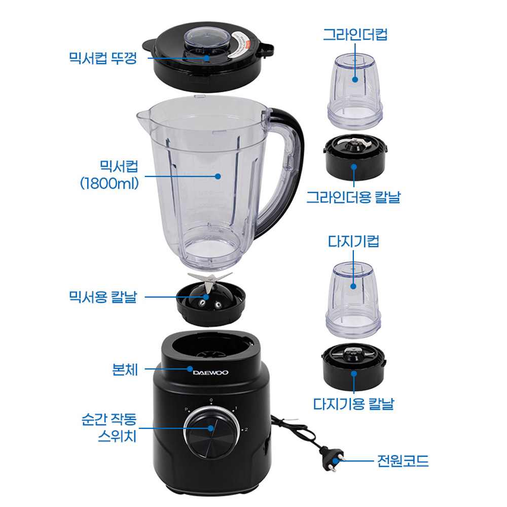 대우 파워믹서기 다용도 블렌더 다지기 그라인더 세트 1.8L 과일 야채 원두커피 콩 믹서기 - 상세 이미지 3