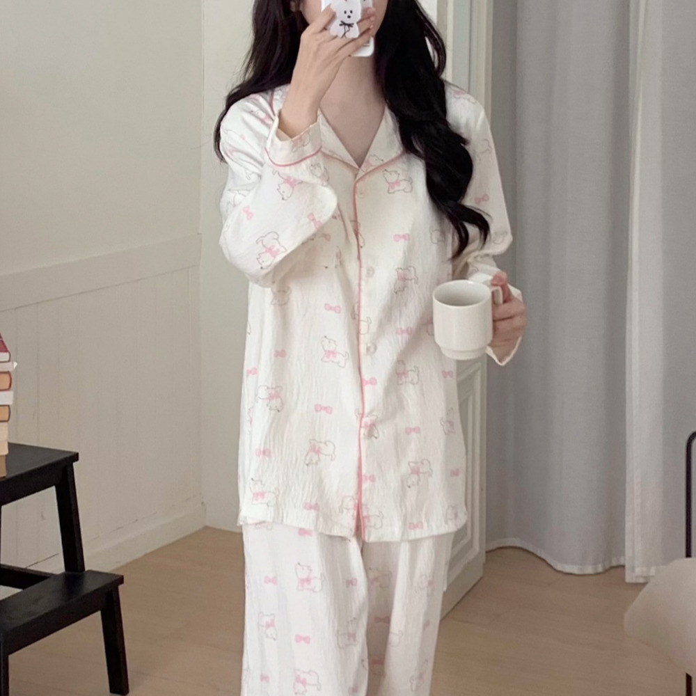 캡내장잠옷 수유잠옷 여성실내복 노브라 아니엘 리본퍼피 긴팔 홈웨어 세트 이미지 8