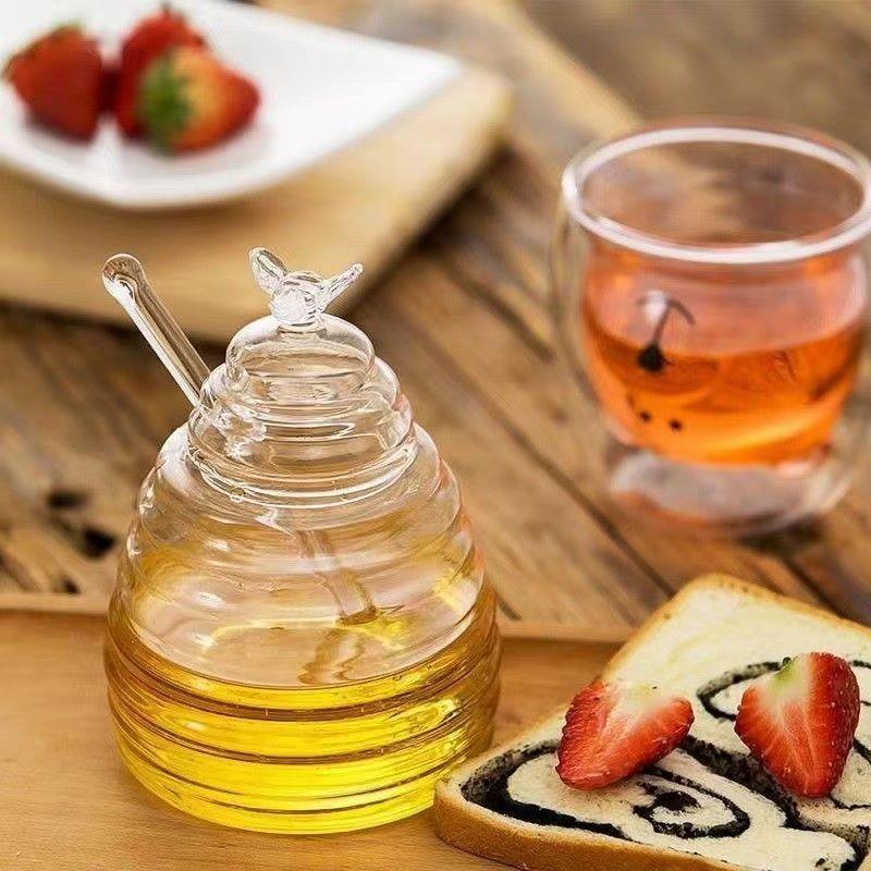 유리 꿀단지 꿀믹서 꿀 보관병 시럽 디스펜서 과일청 비 블랙 줄무늬 500ml - 상세 이미지 4