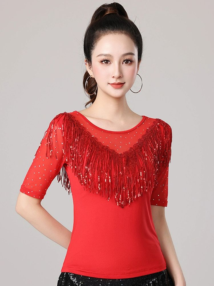 왈츠 라틴 라인 댄스 공연복 스커트 치마 살사 무대의상 레드 상의 + 스커트 (기본) S - 상세 이미지 4