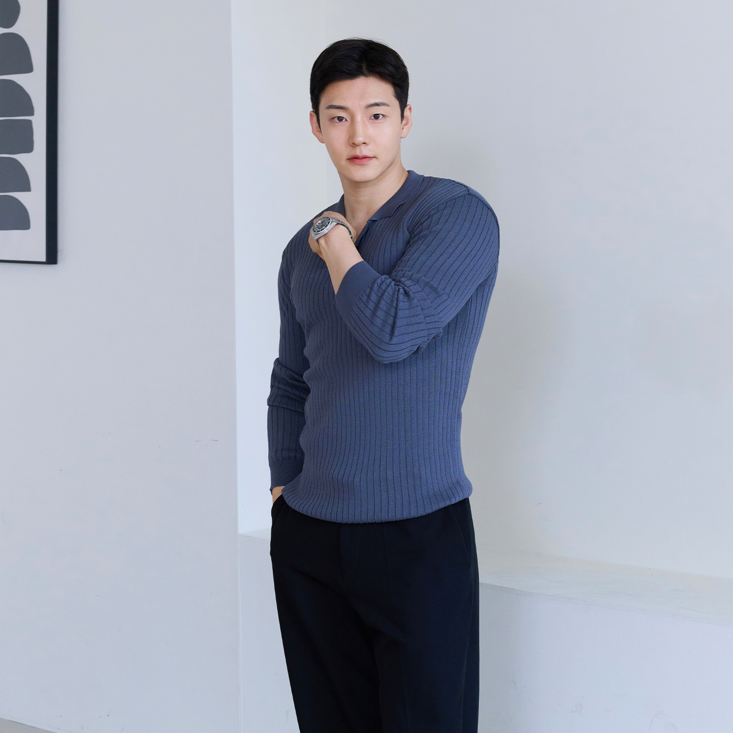 남자 머슬핏 니트 긴팔 골지 카라 이미지 2
