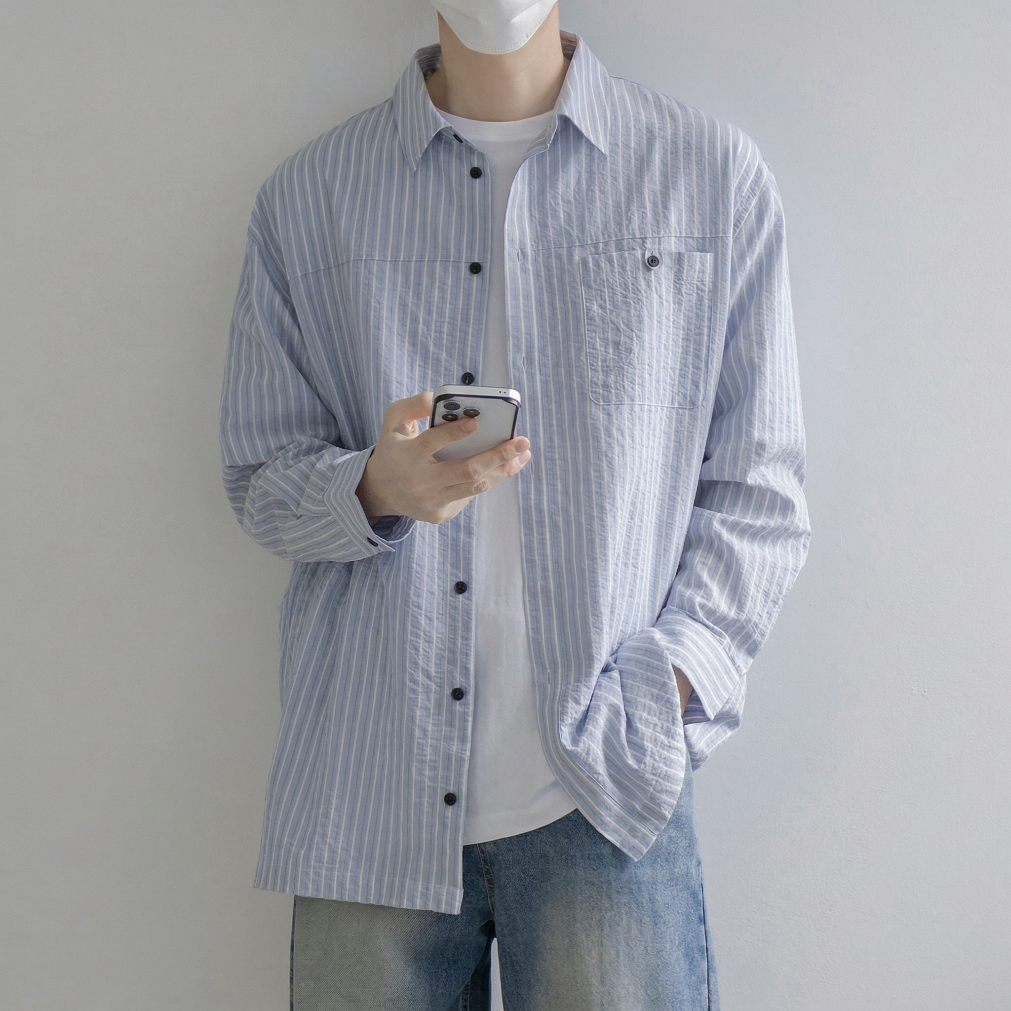 남자 스트라이프 셔츠 남성 오버핏 캐쥬얼 구김없는 셔츠 - 상품 이미지