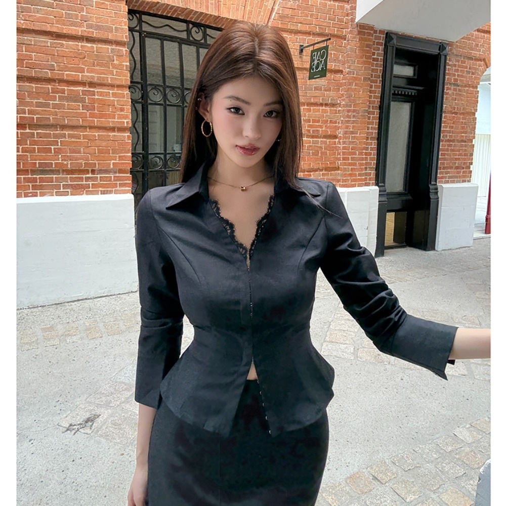 여성 봄 블랙 긴팔 레이스 셔츠블라우스 슬림핏 오피스룩 - 상품 이미지
