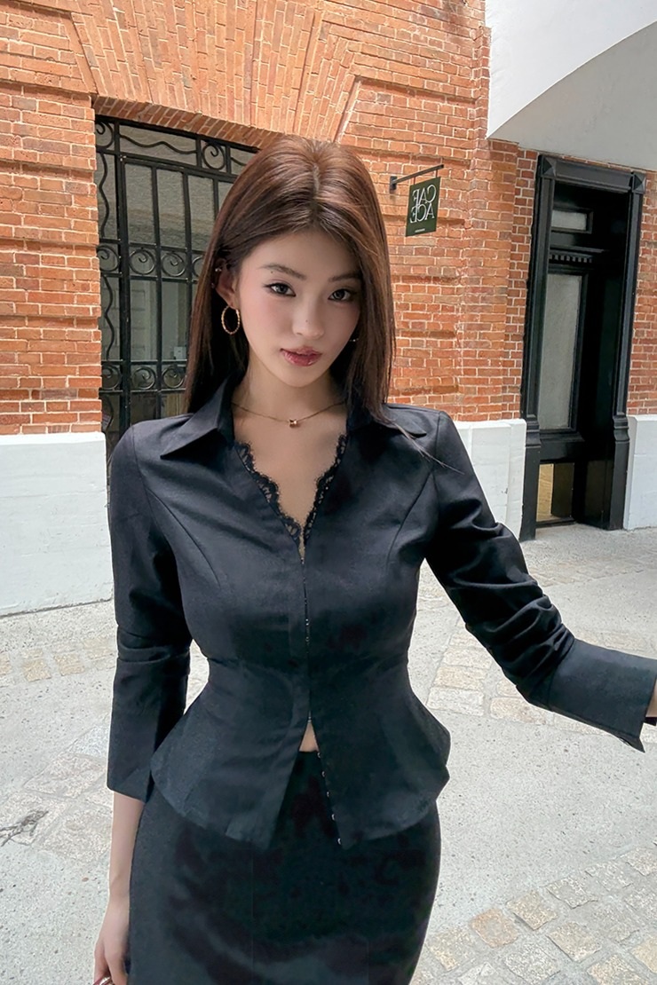 여성 봄 블랙 긴팔 레이스 셔츠블라우스 슬림핏 오피스룩 이미지 6