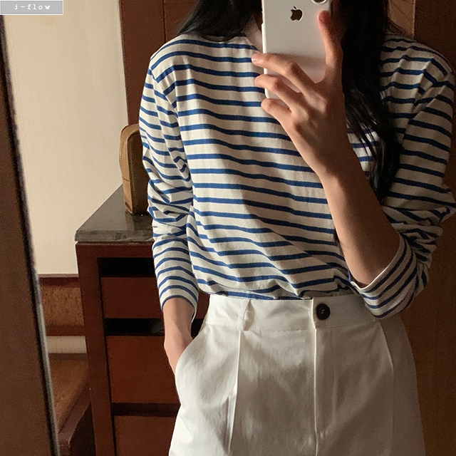 류이 라운드 단가라 긴팔 코튼 티셔츠 3col 봄 가을 스트라이프 슬리브 하프 제이플로우 - 상세 이미지 4