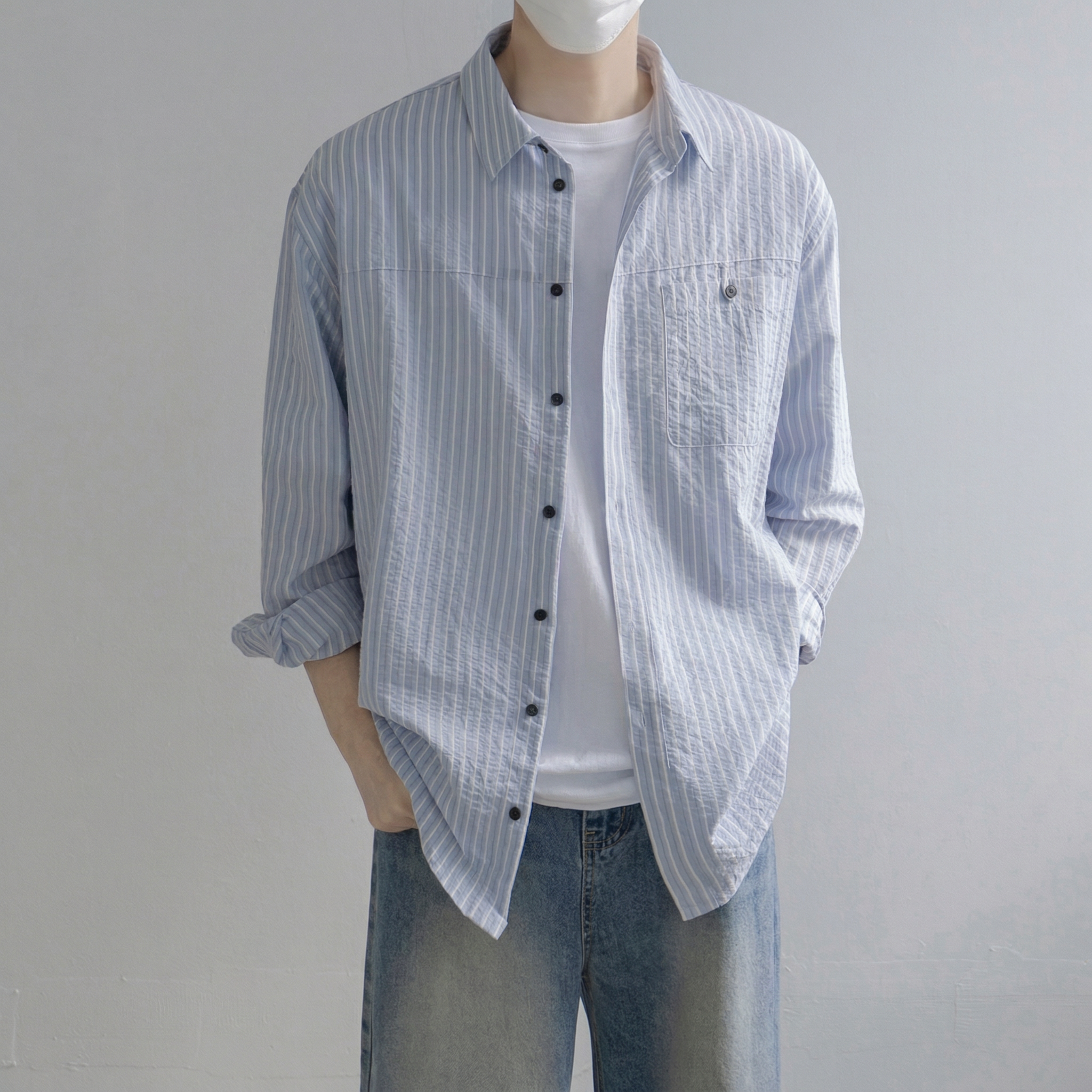 남자 스트라이프 셔츠 남성 오버핏 캐쥬얼 구김없는 셔츠 - 상세 이미지 2