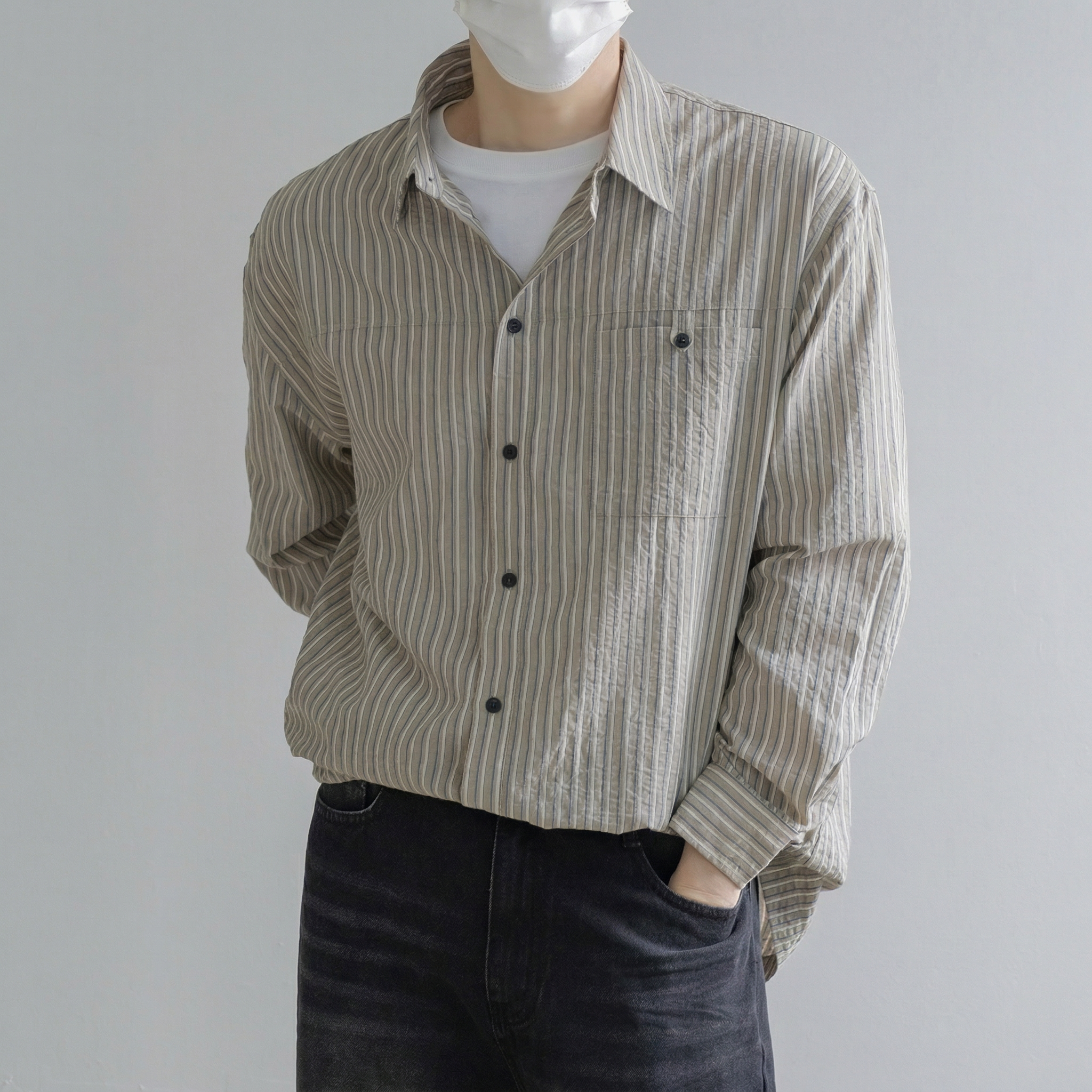 남자 스트라이프 셔츠 남성 오버핏 캐쥬얼 구김없는 셔츠 이미지 7