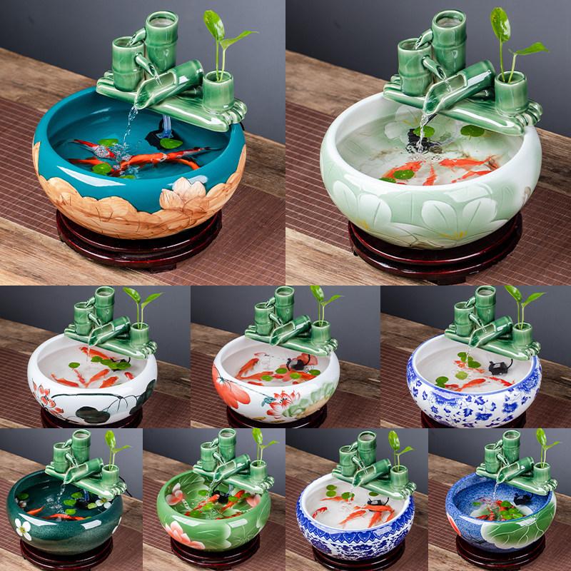 도자기 소형 거실 인테리어 실내 조경 원형 금붕어 수조 그린 리프 40x40x16cm 지름 40cm높이 16cm - 상세 이미지 5