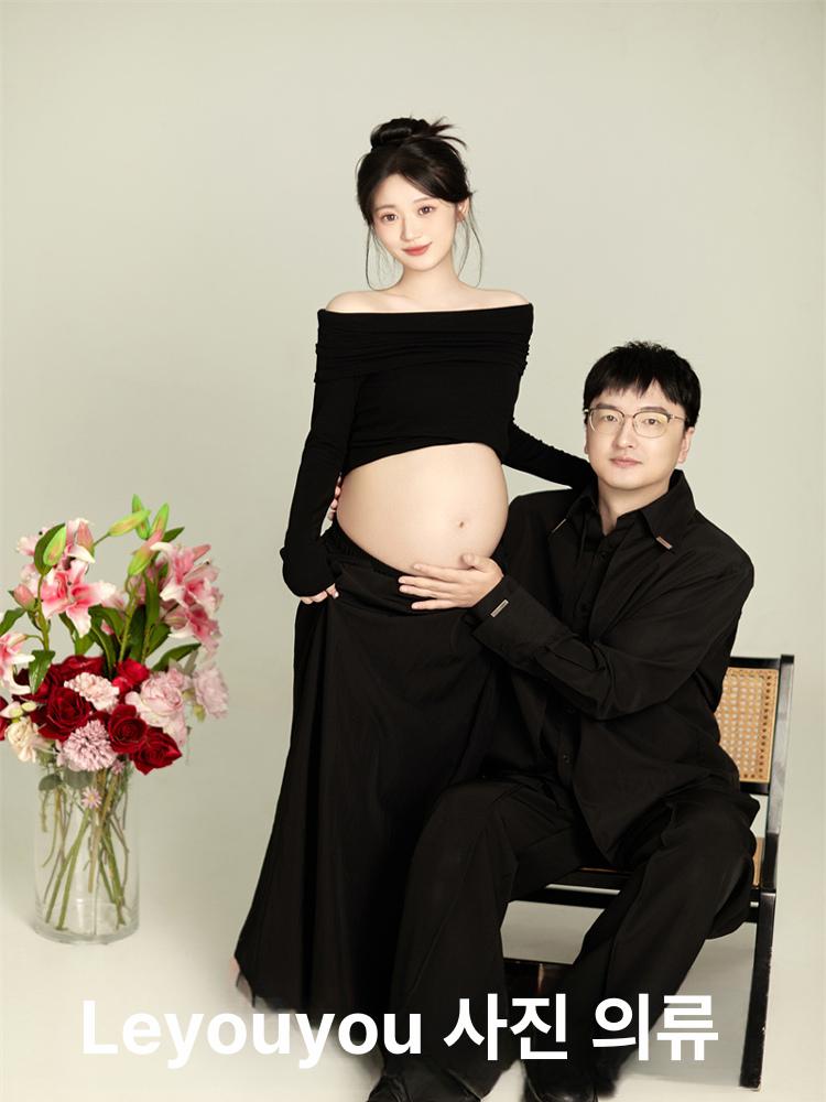 블랙 만삭 촬영 옷 주수 임산부 의상 사진 투피스 상의스커트 스튜디오 오프숄더 만삭사진옷 - 상세 이미지 2