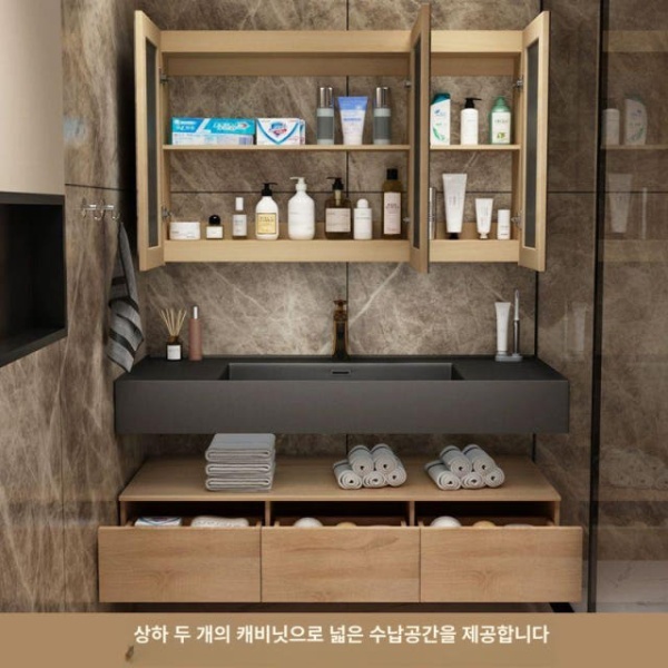 프리미엄 욕실 언더볼 캐비닛 하부장 벽걸이 일체형 건식 0.6m 나노 세면대x스마트 원형 거울 - 상세 이미지 5