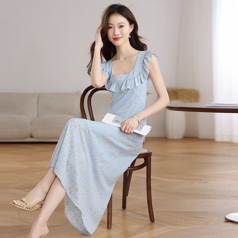 봄 여름 쉬폰 플라워 스퀘어넥 프릴 민소매 맥시 롱 원피스 허리리본 바캉스룩 블루 - 상세 이미지 5