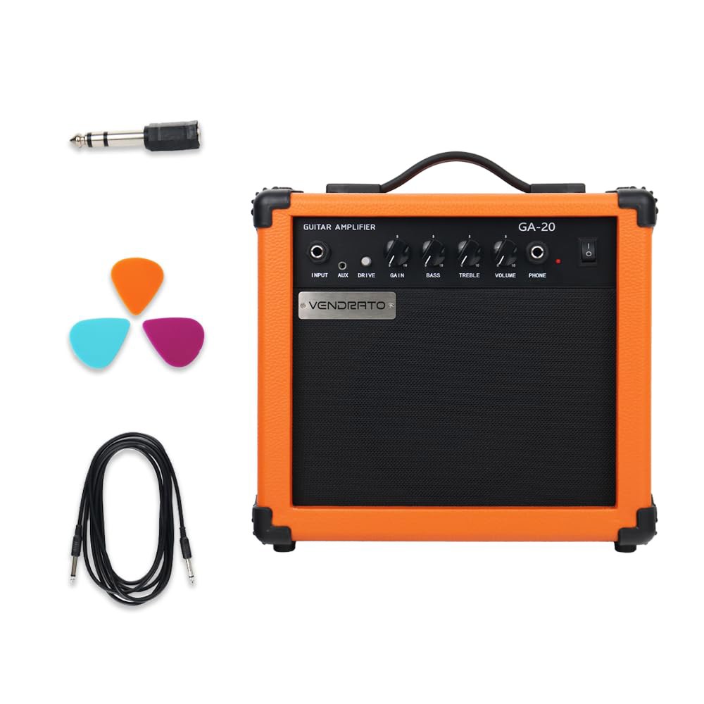 일렉트릭 기타 앰프 20w 오렌지 컬러 게인 베이스 트레블 3.5mm 보조 드라이브 6.5mm 입력 헤드폰 휴대용 초보자 연습용 무소음 케이블 픽 앤 어댑터 Orange - 상품 이미지