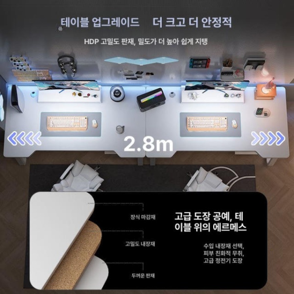 최고급 철제 사무용 게이밍 노트북 조립식 컴퓨터 더블 160cm 문화이트 인체공학 바퀴 블랙 - 상세 이미지 2