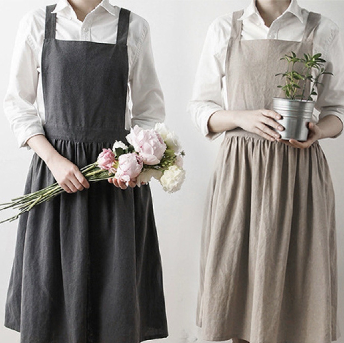여성린넨앞치마 플레어원피스형 롱원피스앞치마 - 상품 이미지