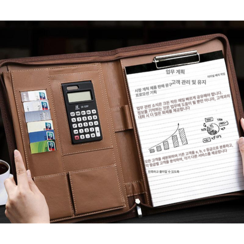 다이어리 사무용 업무용 카드지갑 계산기 메모 수첩 가죽 클립보드 - 상품 이미지