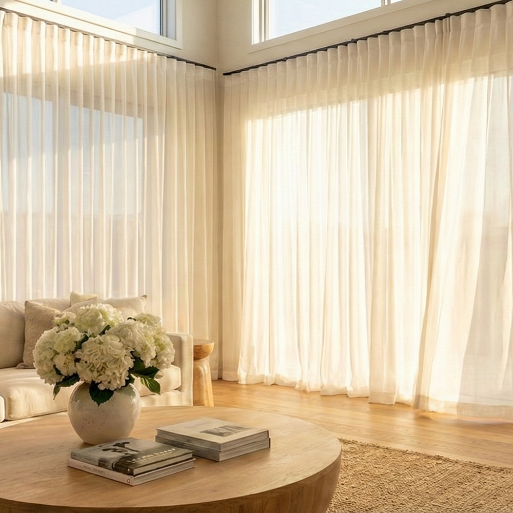 [난연/방염] 형상기억 화이트 프리미엄 쉬폰커튼 이음선 없는 나비주름 맞춤제작 차르르 커튼