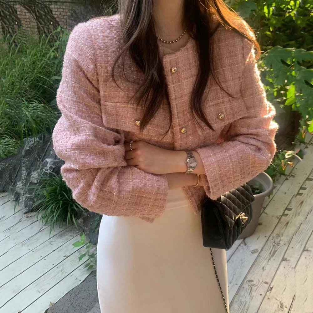 여성 봄 간절기 트위드 숏자켓 노카라 하객룩 - 상세 이미지 2