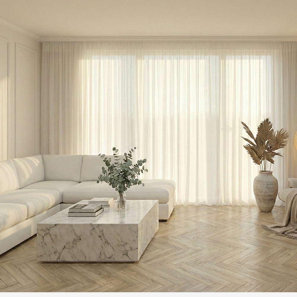 [난연/방염] 형상기억 화이트 프리미엄 쉬폰커튼 이음선 없는 나비주름 맞춤제작 차르르 커튼