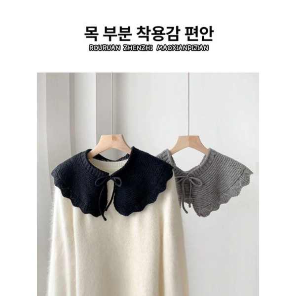 세련된 넥케이프 니트 탈부착 카라멜 오프화이트 뜨게 페이크 레이어드 오프화이트 - 상세 이미지 3