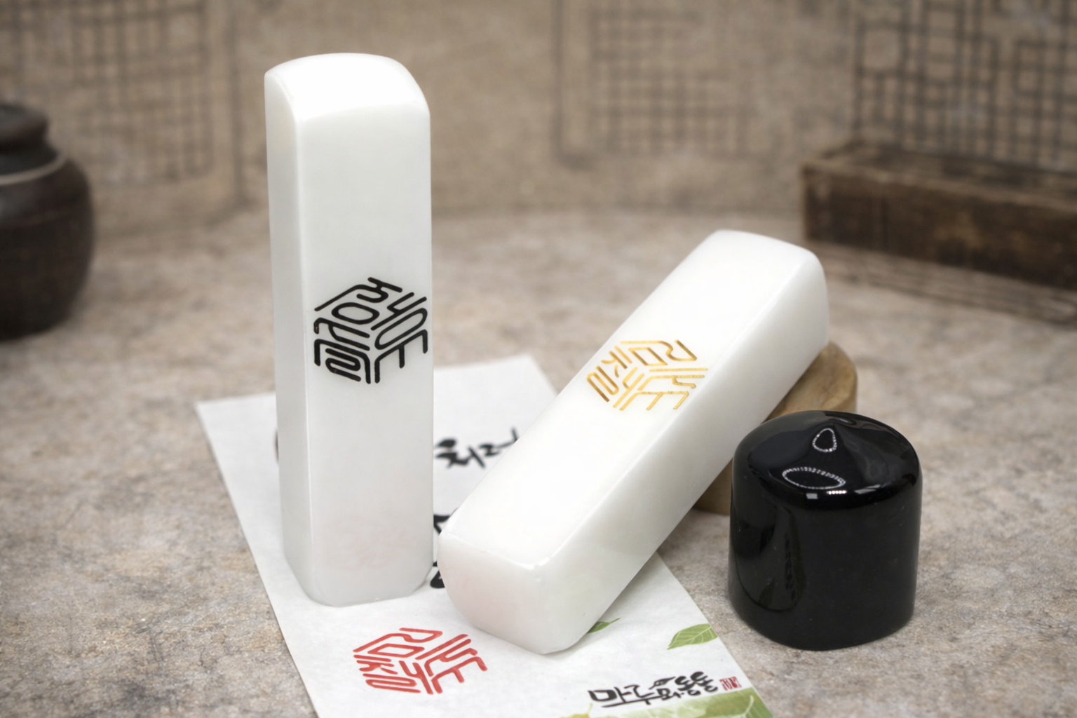 육각도장 전서 하양돌 수제도장 입체 인감 - 상품 이미지