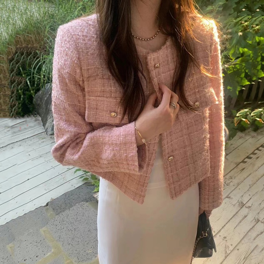 여성 봄 간절기 트위드 숏자켓 노카라 하객룩 - 상세 이미지 4