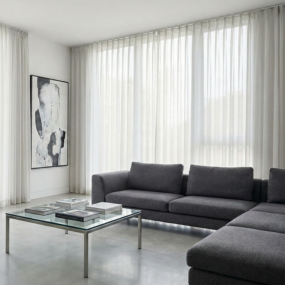 [난연/방염] 형상기억 화이트 프리미엄 쉬폰커튼 이음선 없는 나비주름 맞춤제작 차르르 커튼