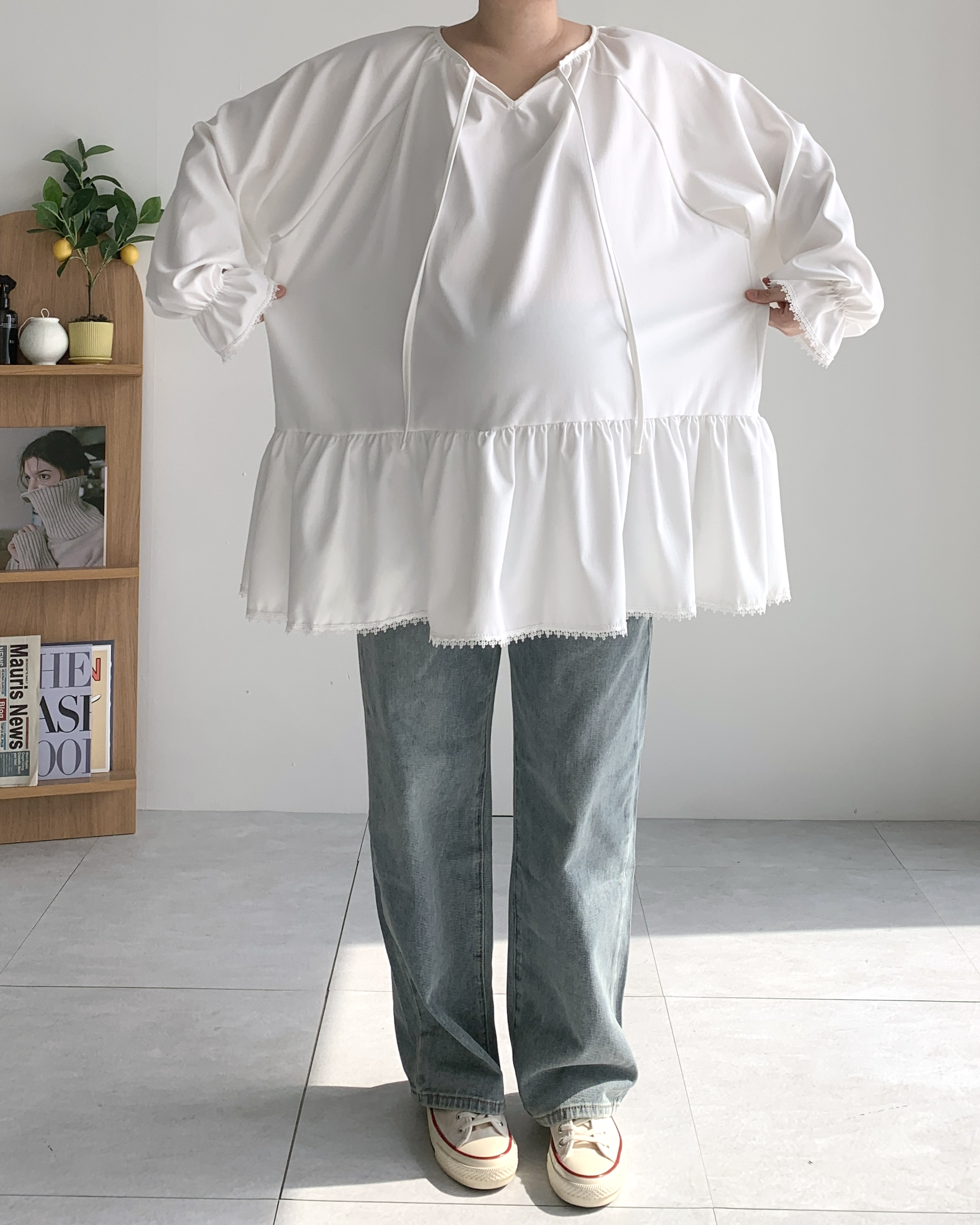 레이스블라우스 화이트블라우스 임산부 프릴블라우스 - 상세 이미지 4